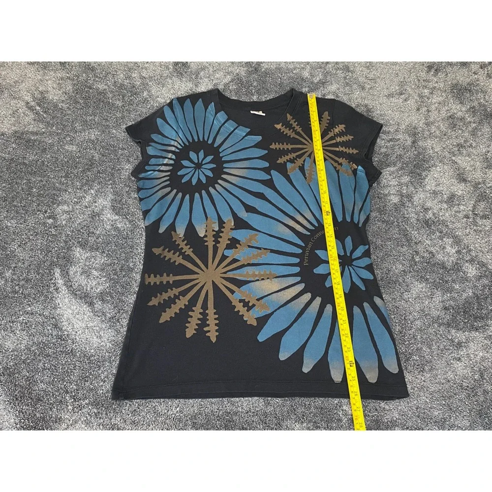 Peruvian Connection Black Blue Gold Floral Sunburst Cap Sleeve Tee Top Large